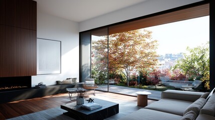 Fototapeta premium Modern living room with autumn garden view, luxury home design