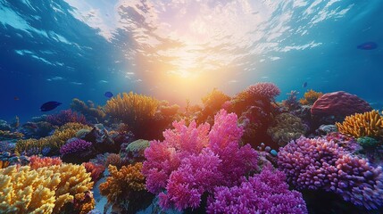Naklejka premium Vibrant Coral Reef at Sunset: An Underwater Paradise