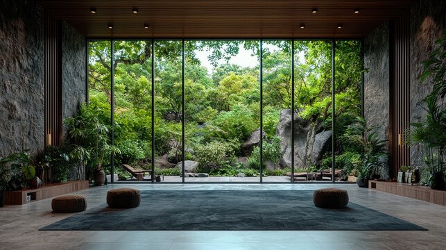 Tranquil indoor zen garden room with forest view, ideal for relaxation or meditation