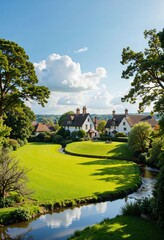 Naklejka premium A rural haven of stone homes with tiled roofs amidst bright green landscapes