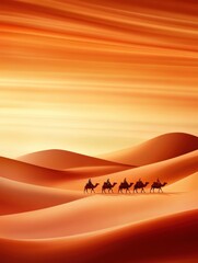 Beautiful sunset over sand dunes with silhouettes of camels during Ramadan journey across the desert