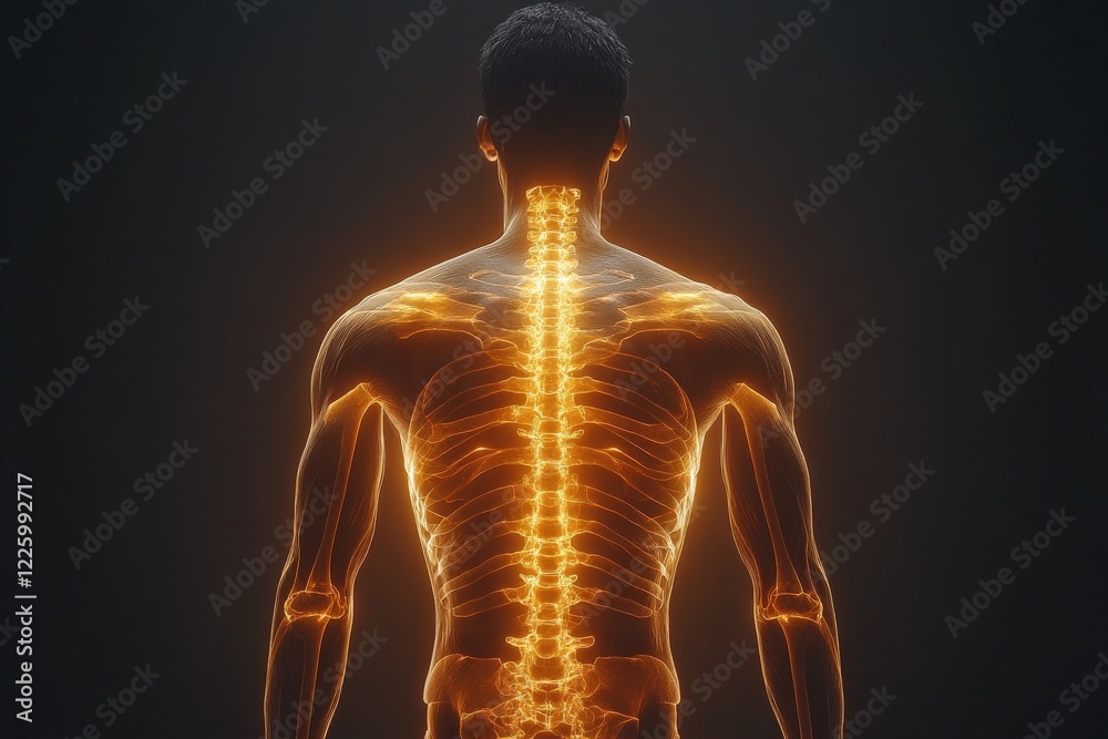 Poster human spine illuminated with glowing energy on a dark background highlighting anatomy and structure
