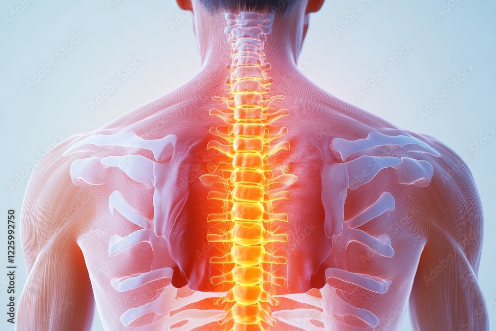 Poster human spine anatomy with highlighted vertebrae showcasing the central nervous system in a clinical s