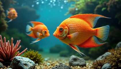 Fototapeta premium Orange fish swim in aquarium tank among corals, plants. Aquarium water clear. Rocks, gravel visible on bottom. Fish colorful, healthy looking. Freshwater aquatic pet home. Relaxing view of fish. Fish