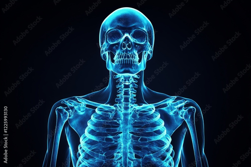 Poster detailed view of a human skeleton structure highlighted in blue against a dark background for educat