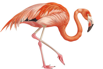 Vibrant Flamingo Walking Gracefully, Showcasing Its Striking Colors in a Tropical Environment - Vintage Illustration, Isolated on White Transparent Background, PNG
