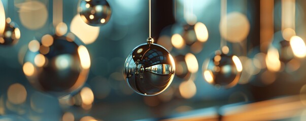 Multiple reflective spheres hanging on strings, creating a festive and elegant decoration