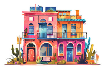 Fototapeta premium Vibrant Artistic Depiction of a Colorful Two-Story Building With Contemporary Design Details and Surrounding Desert Plants - Vintage Illustration, Isolated on White Transparent Background, PNG