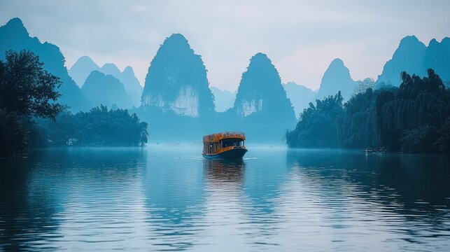 Serene Cruise on Li River, Stunning Karst Mountains of Guilin, China