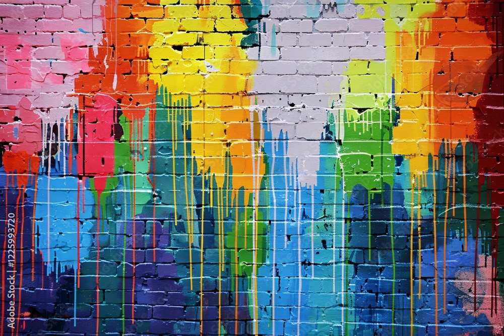 Poster dripping colorful paint creates an abstract and artistic backdrop on a brick wall
