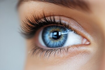 Obraz premium Close-up of a captivating blue eye highlighting detailed eyelashes and iris features