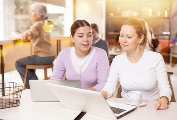 Portrait of two positive young females surfing Internet on notebook while drinking tea or coffee in cafeteria