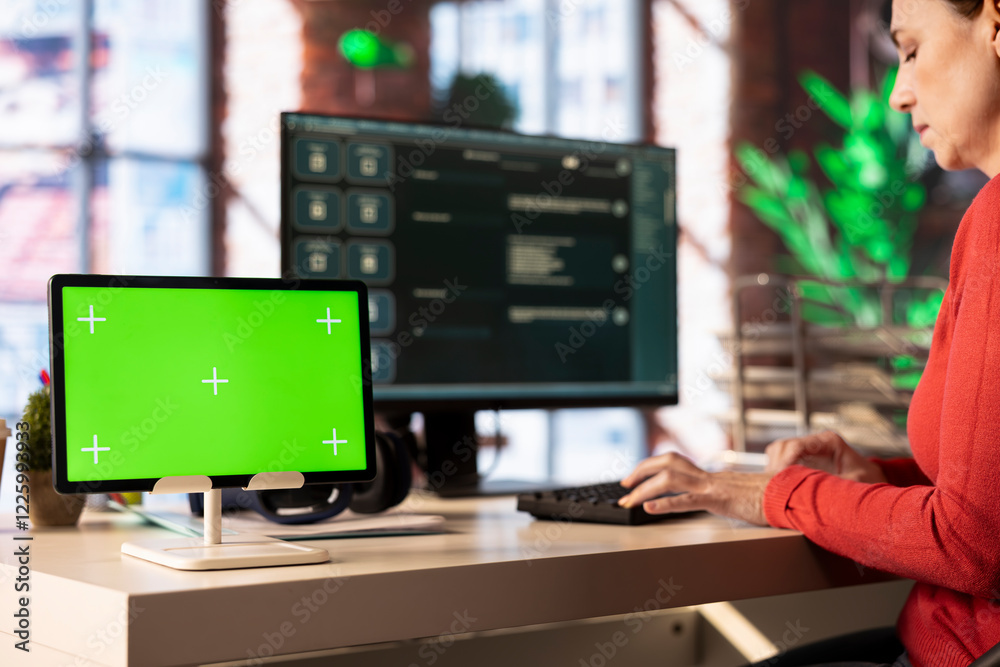 Poster woman interacting with a futuristic ai tool on pc next to green screen, advanced chatbot showcases t