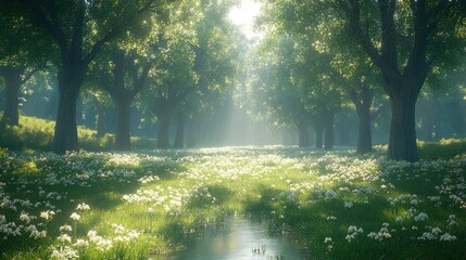 Obraz premium Sunlit Meadow Path: A Digital Landscape of Tranquil Beauty