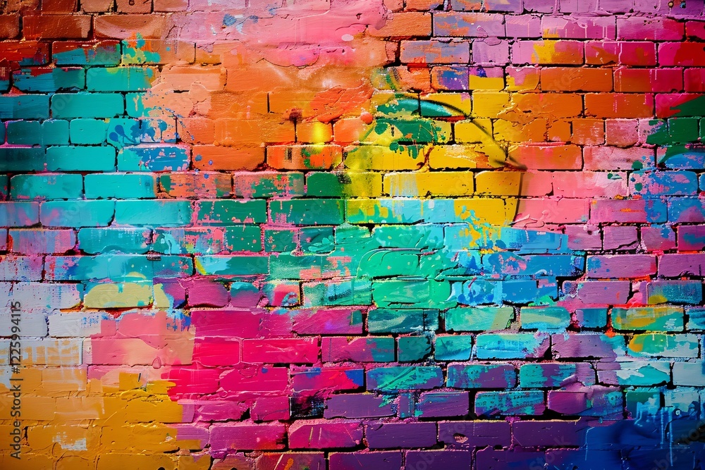 Poster Multicolored paint splattered on brick wall creating abstract background texture