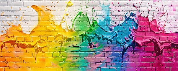 Vibrant abstract design created by colorful paint splattering on a white brick wall
