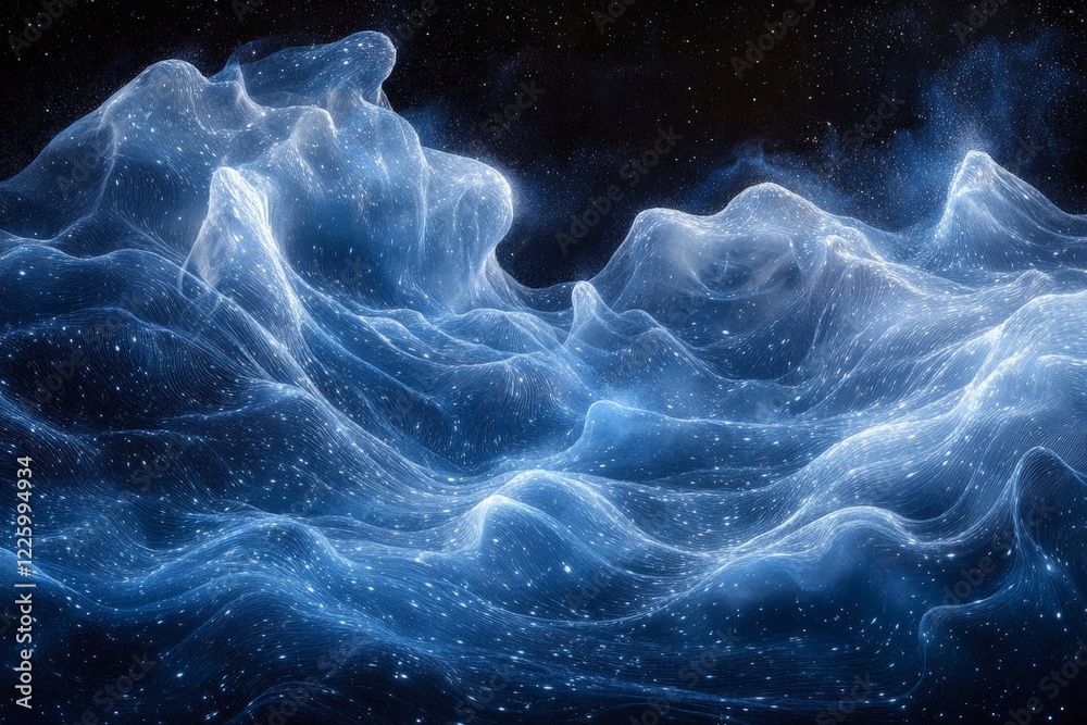 Aufkleber Abstract depiction of glowing waves in a cosmic setting with stars and shimmering particles