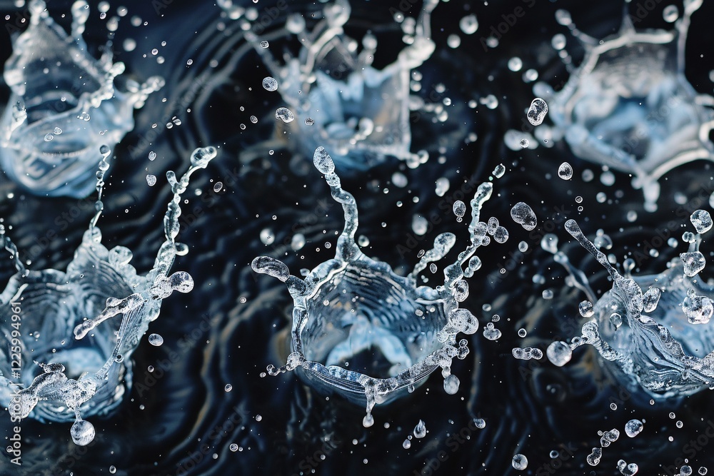 Poster stunning water droplets creating splashes against a dark background on the water surface