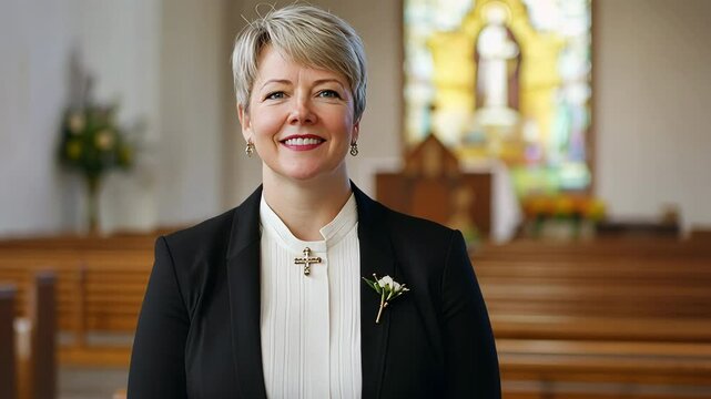 Older gray haired Caucasian Lesbian pastor smiling at an Evangelical Lutheran or Episcopal church with stained glass windows in the background.