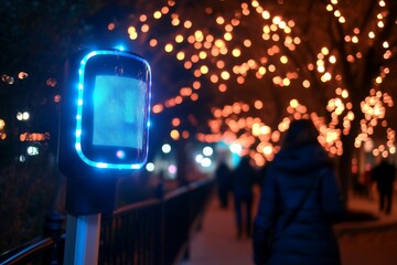Naklejka premium Nighttime urban setting features illuminated crosswalk signal with festive lights in background, creating a vibrant atmosphere