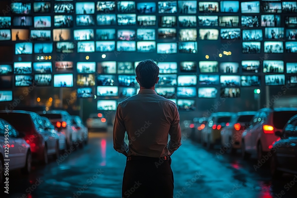 Aufkleber person stands in front of numerous screens showcasing varied images at night in an urban setting