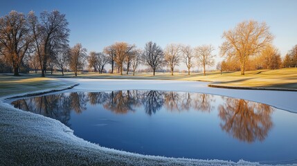 A frozen water hazard on a golf course, reflections of surrounding trees on the ice, serene winter atmosphere, soft lighting