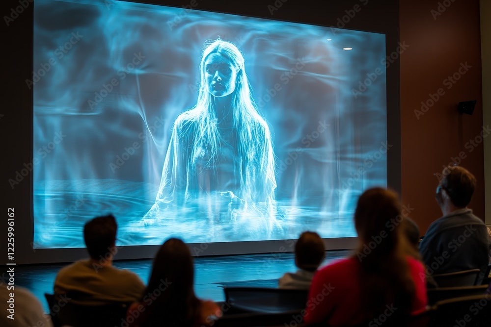Poster people watching a holographic display of a woman in a futuristic setting during an evening event