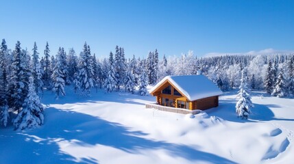 A cozy chalet nestled in a deep snowbank, surrounded by snow-covered pine trees, clear blue sky above, tranquil atmosphere