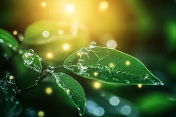 Fresh green leaves glistening with water droplets under sunlight in a natural setting