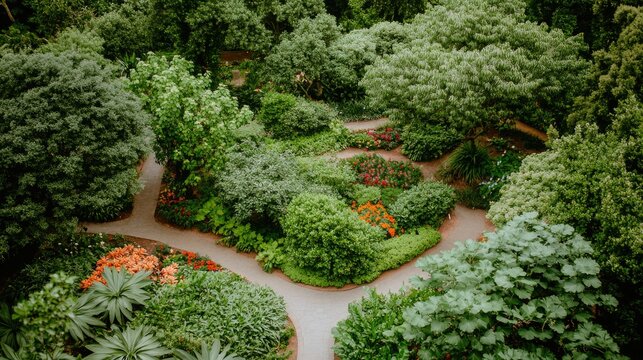 aerial view of botanical garden featuring colorful flower beds lush trees and winding stone paths
