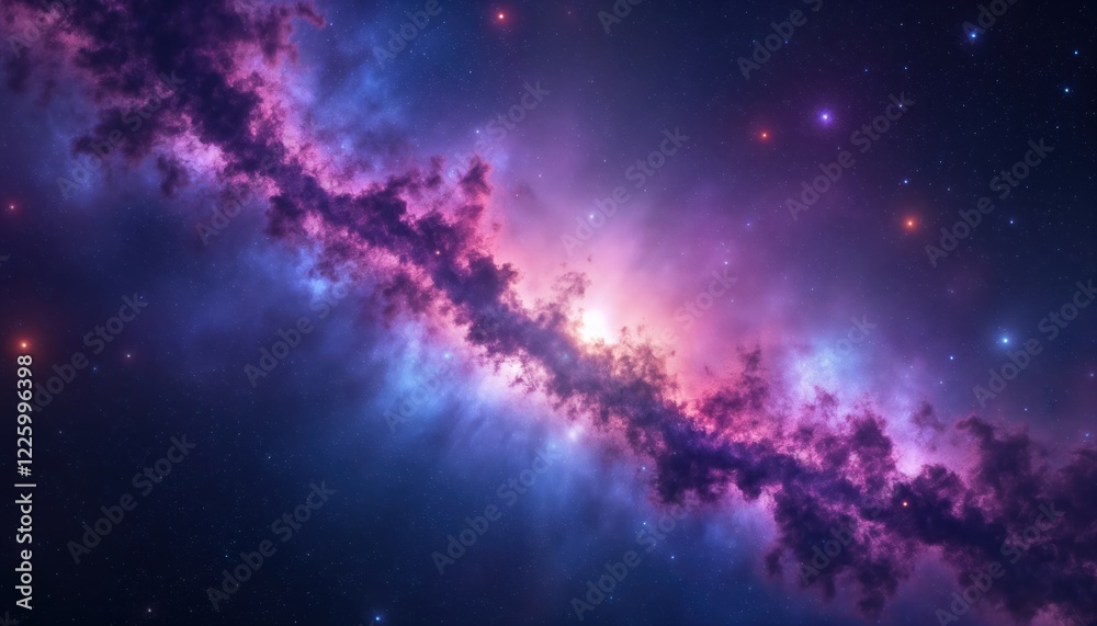 Poster amazing cosmic view of distant galaxy. nebulae clouds glowing with vibrant hues. stars scattered acr