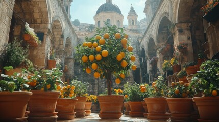 Sun-Drenched Citrus Courtyard: A Serene Monastery Garden