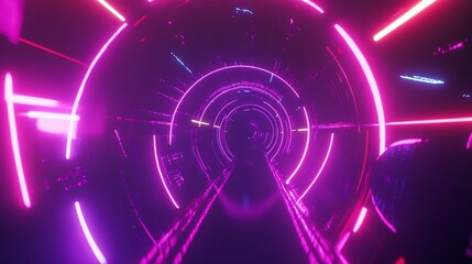 Obraz premium Abstract tunnel of neon lights with circular shapes and linear patterns in vibrant purple