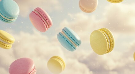 Obraz premium Whimsical pastel-colored macarons glowing in bright natural sunlight.