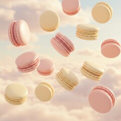 Obraz premium Floating macarons in dreamy sunlight, highlighting their elegant texture and pastel hues.