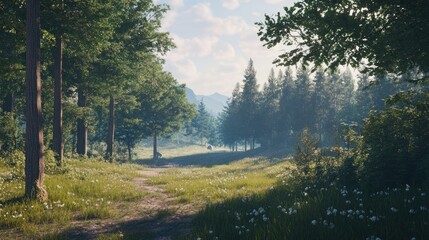 Peaceful Forest Trail with Lush Greenery and a Distant Mountain View under Clear Sky