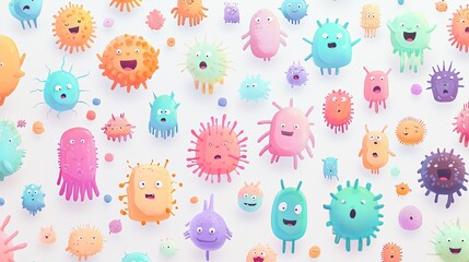 A diverse collection of microbe characters, each with its own personality, soft pastel tones, vector art