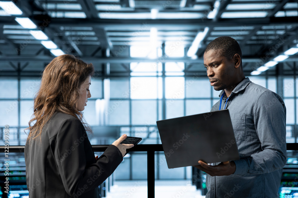 Poster computer scientists in data center using laptop and tablet, executing security patches, verifying fi