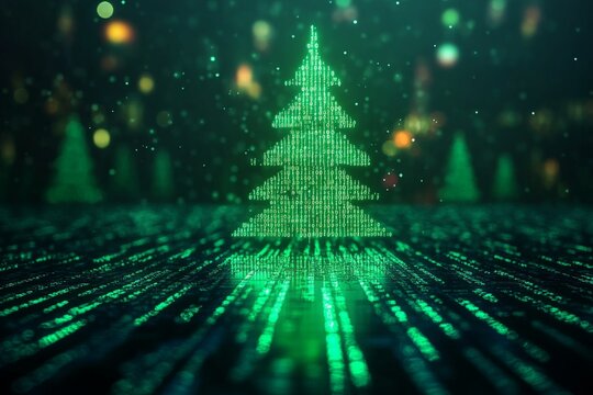 Digital Christmas tree glowing amidst a matrix of green lights during festive season celebration - Powered by Adobe