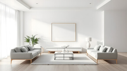 Fototapeta premium Frame mockup, ISO A paper size. Living room wall poster mockup. Interior mockup wi th house background. Modern interior design. 3D render