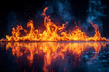 Fototapeta premium Flames dance above a reflective surface creating an enchanting display of light and color in a dark atmosphere
