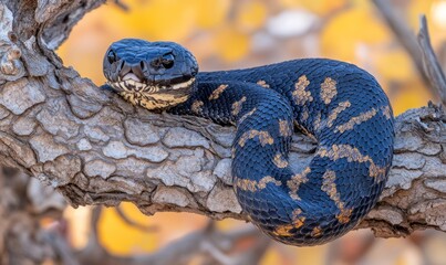 Fototapeta premium Black snake coiled on tree branch, autumn leaves background. Wildlife photography for nature documentaries