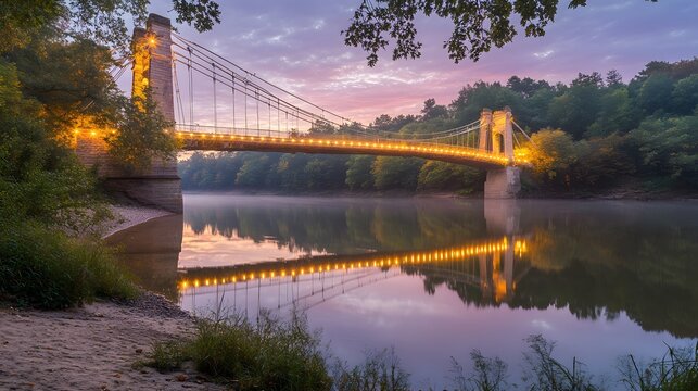 Scenic Suspension Bridge at Sunrise River Reflection