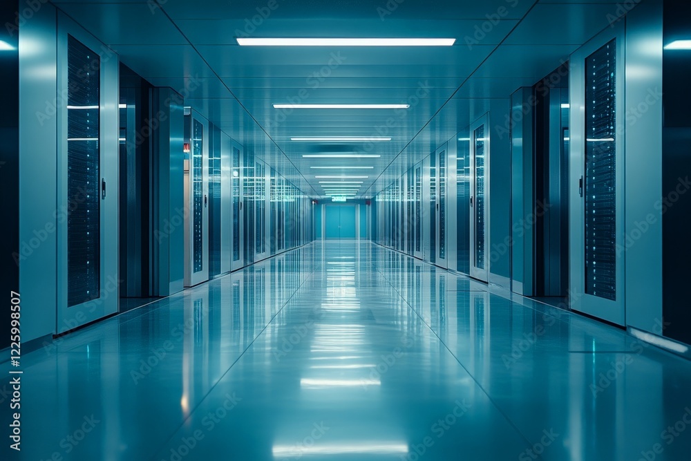 Poster Sleek and modern data center corridor illuminated by bright overhead lights in a technological environment