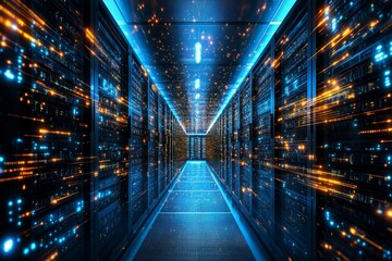 Obraz premium Vibrant data center corridor illuminated with digital lights and energy reflections