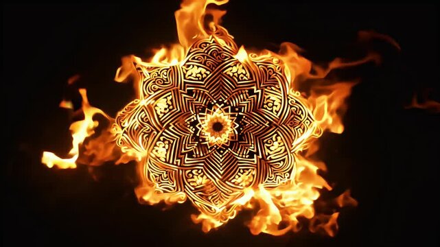 flaming video rosette pattern in vibrant orange hues creating a dramatic burning visual against a solid black backdrop