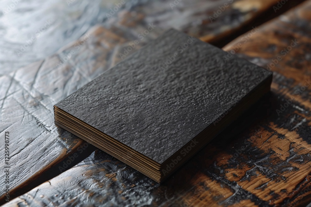 Aufkleber blank black business cards with a textured surface resting on a rustic wooden table, ready for custo