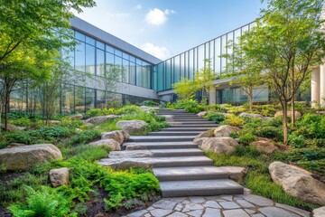 Obraz premium Serene garden pathway leading to a modern glass building amid lush greenery on a sunny day