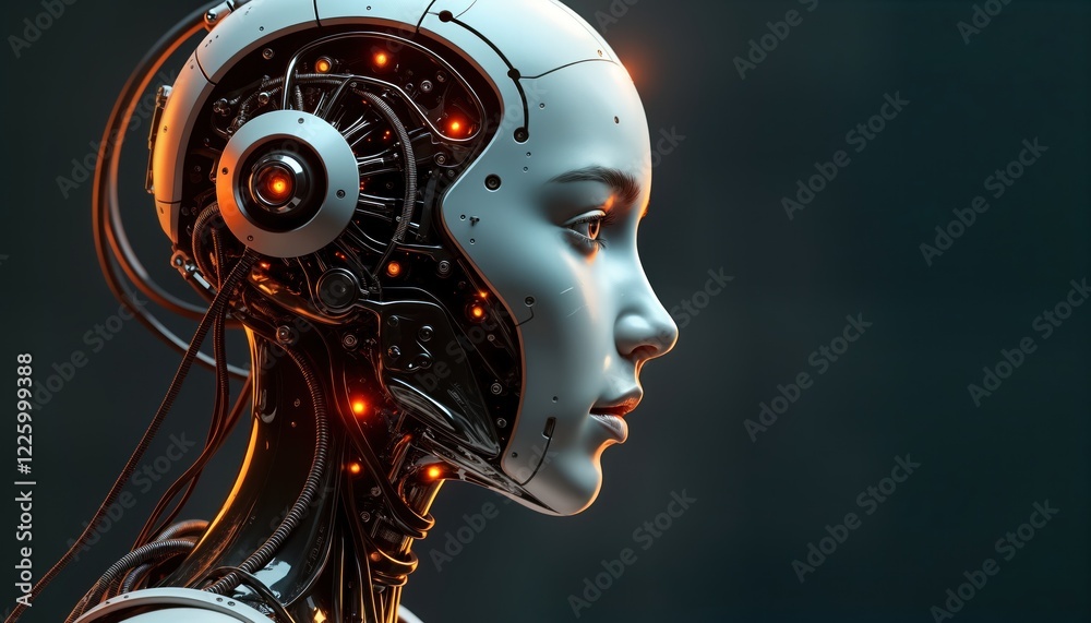 Fototapete AI woman with robot head. Futuristic illustration of human tech fusion. Profile view of cyborg with visible tech components. Innovative, three-dimensional image. Possible use in tech sci-fi magazines