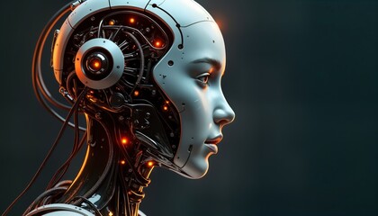 Fototapeta premium AI woman with robot head. Futuristic illustration of human tech fusion. Profile view of cyborg with visible tech components. Innovative, three-dimensional image. Possible use in tech sci-fi magazines